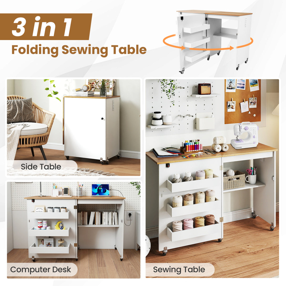 Sewing Machine Table with Charging Station and Lockable Casters