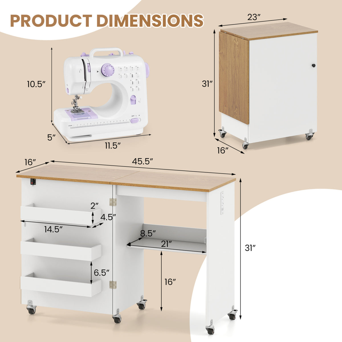 Sewing Machine Table with Charging Station and Lockable Casters