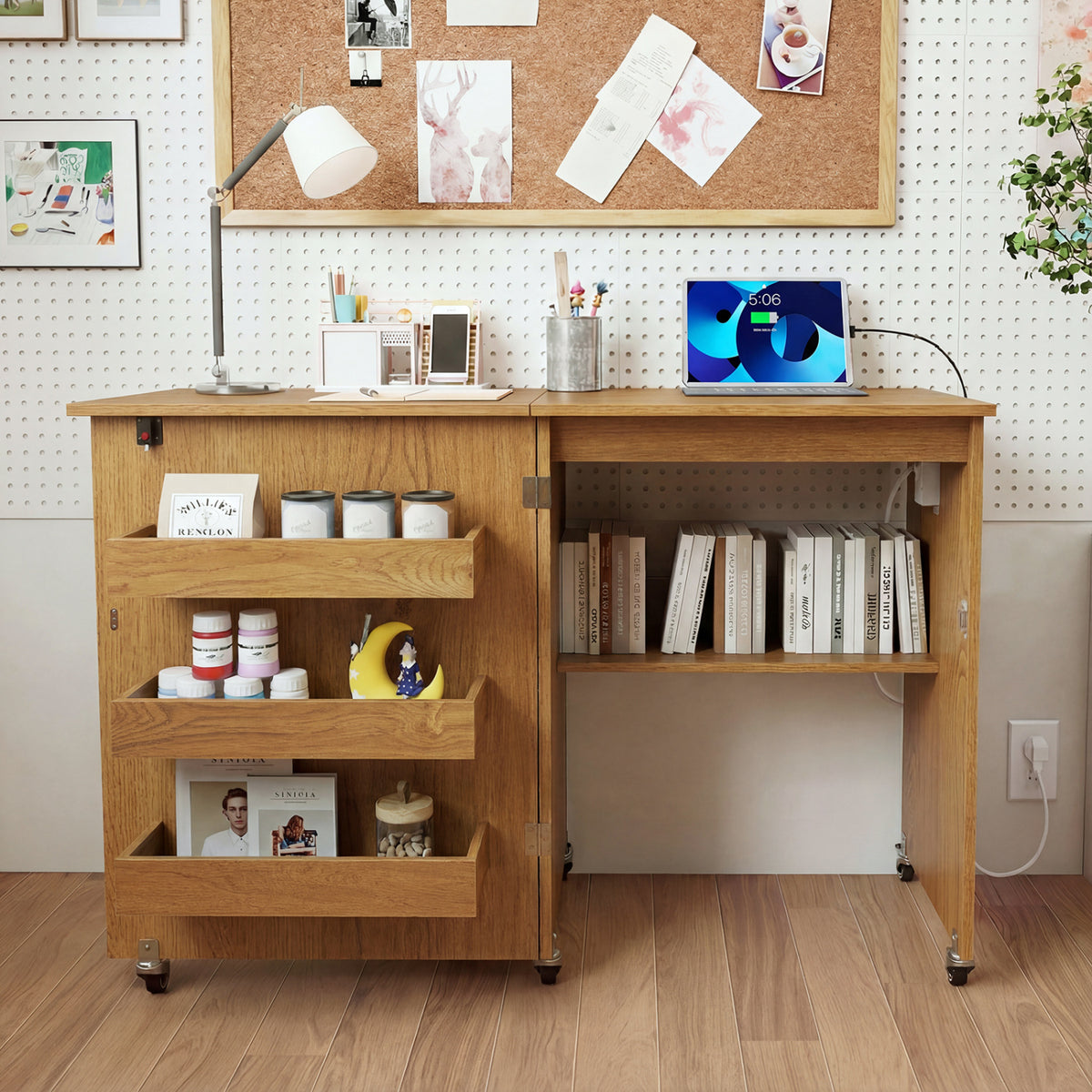 Sewing Machine Table with Charging Station and Lockable Casters