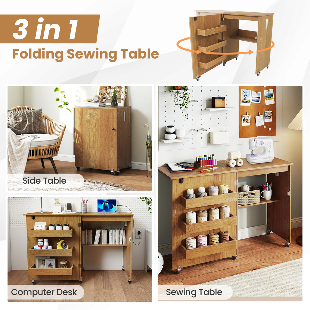 Sewing Machine Table with Charging Station and Lockable Casters