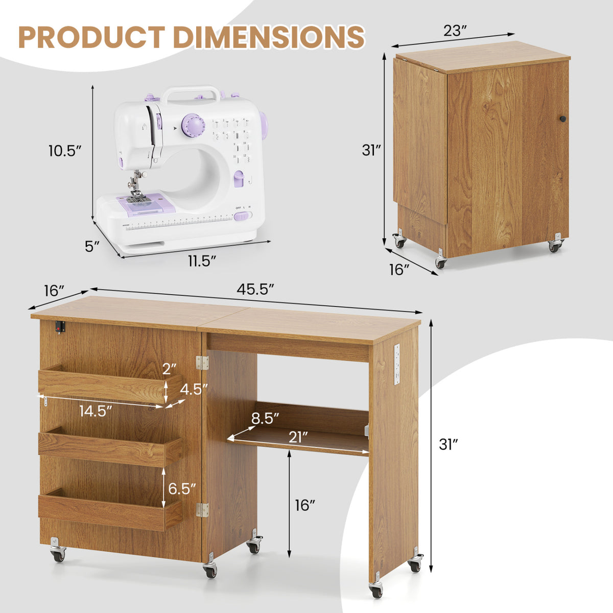 Sewing Machine Table with Charging Station and Lockable Casters