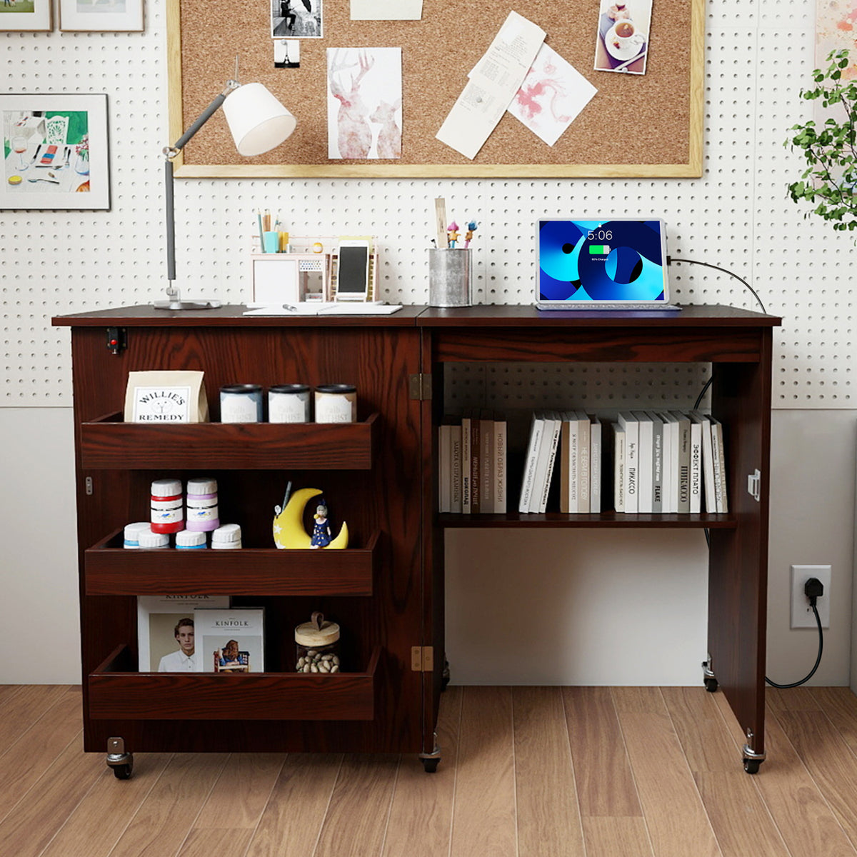 Sewing Machine Table with Charging Station and Lockable Casters