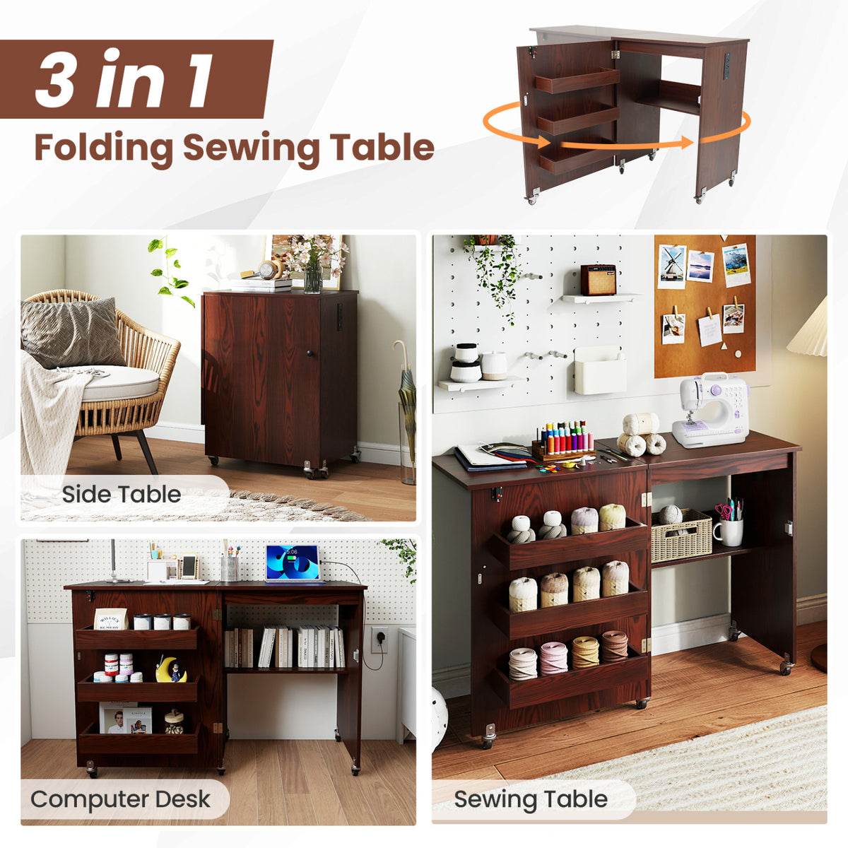Sewing Machine Table with Charging Station and Lockable Casters