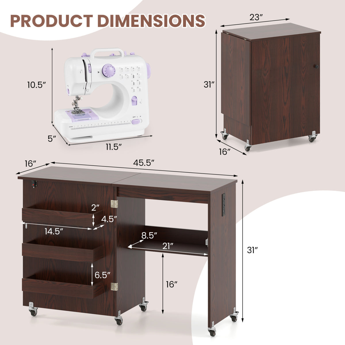 Sewing Machine Table with Charging Station and Lockable Casters