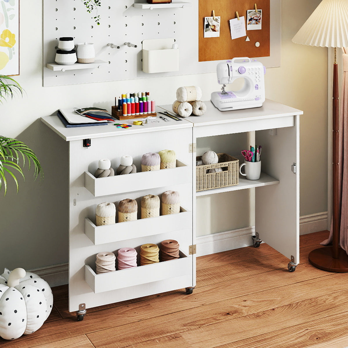 Sewing Machine Table with Charging Station and Lockable Casters