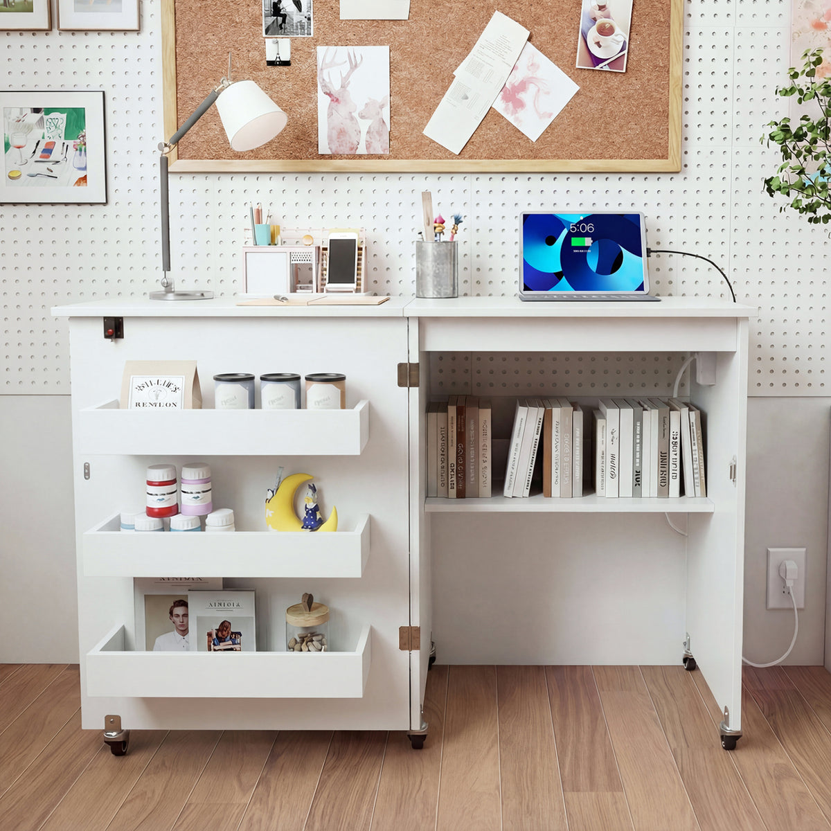 Sewing Machine Table with Charging Station and Lockable Casters