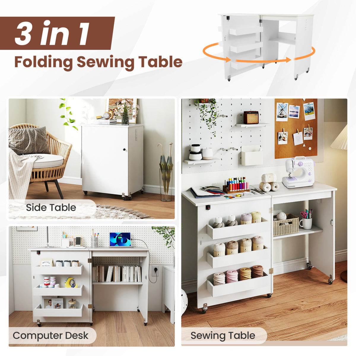 Sewing Machine Table with Charging Station and Lockable Casters