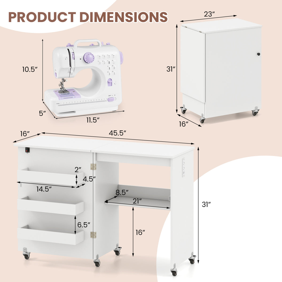 Sewing Machine Table with Charging Station and Lockable Casters