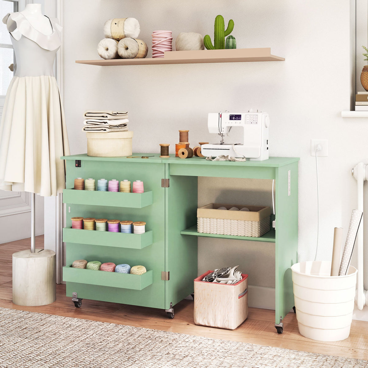 Sewing Machine Table with Charging Station and Lockable Casters