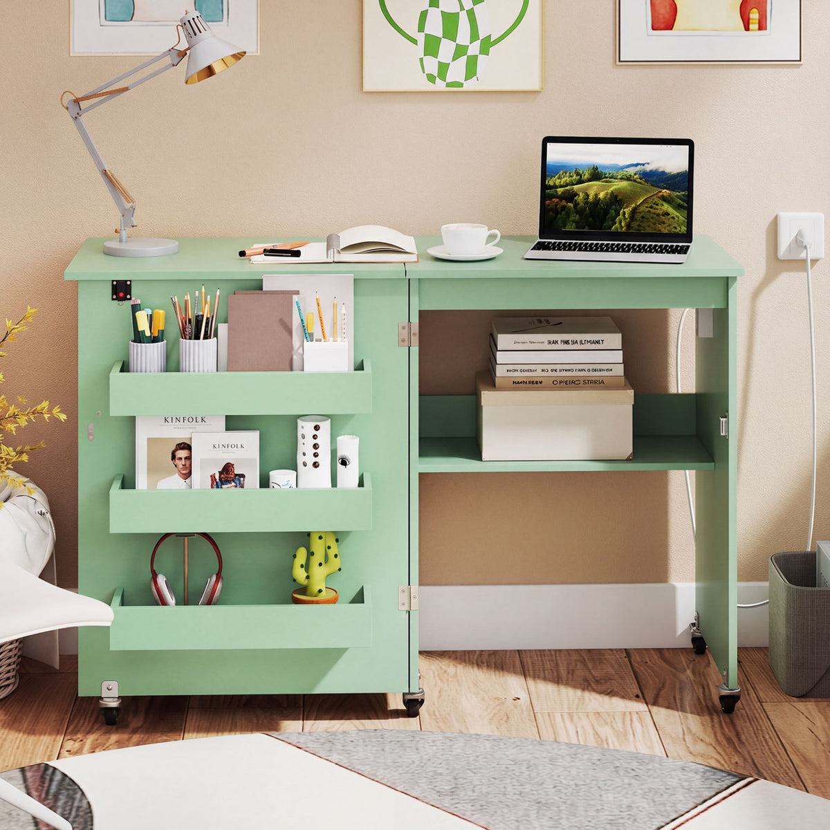 Sewing Machine Table with Charging Station and Lockable Casters
