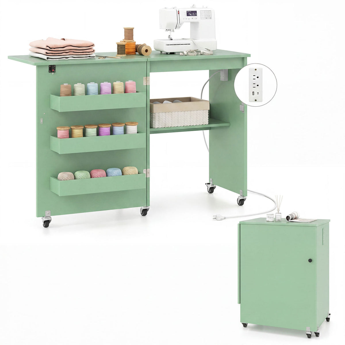 Sewing Machine Table with Charging Station and Lockable Casters