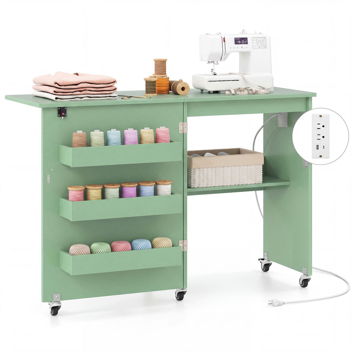 Sewing Machine Table with Charging Station and Lockable Casters