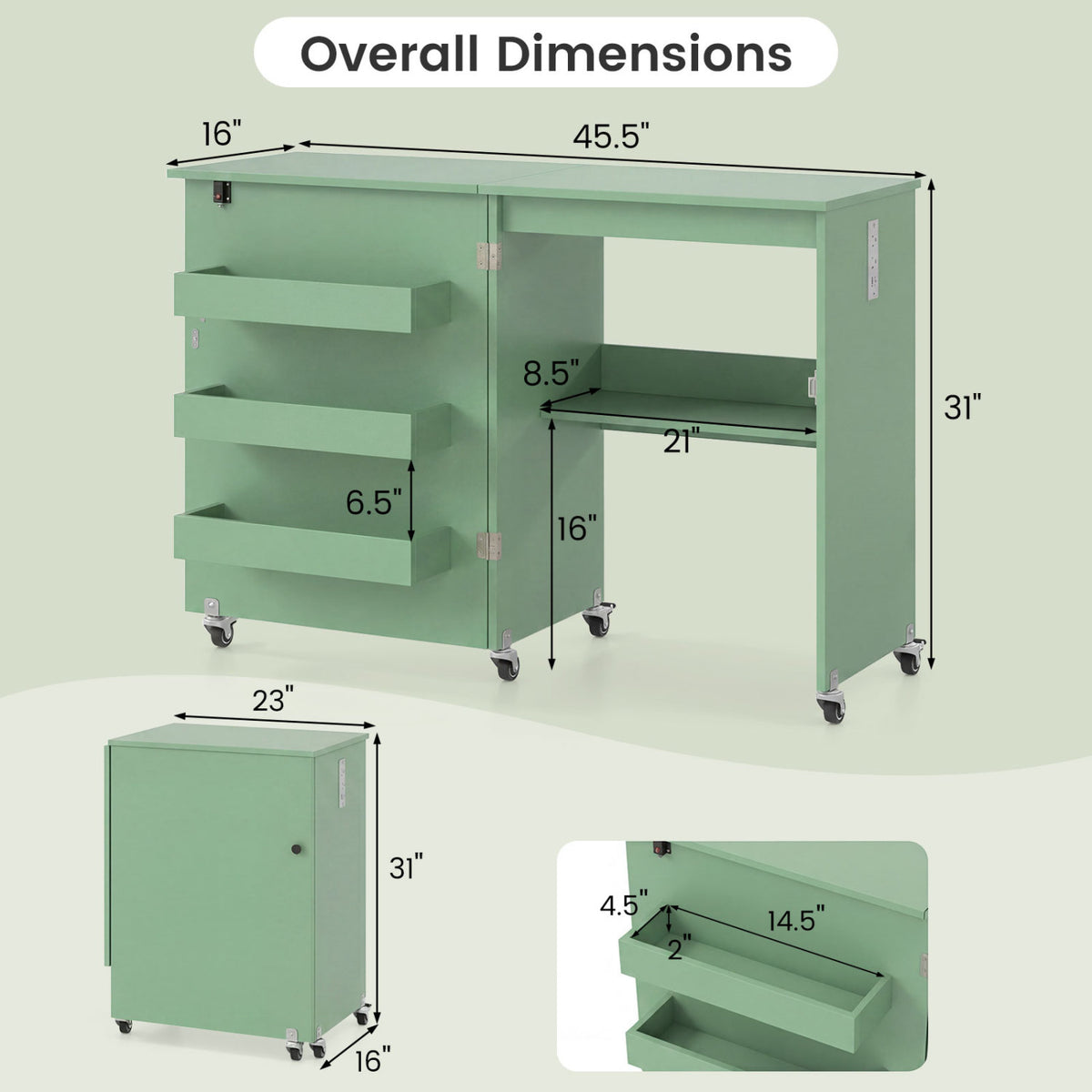 Sewing Machine Table with Charging Station and Lockable Casters