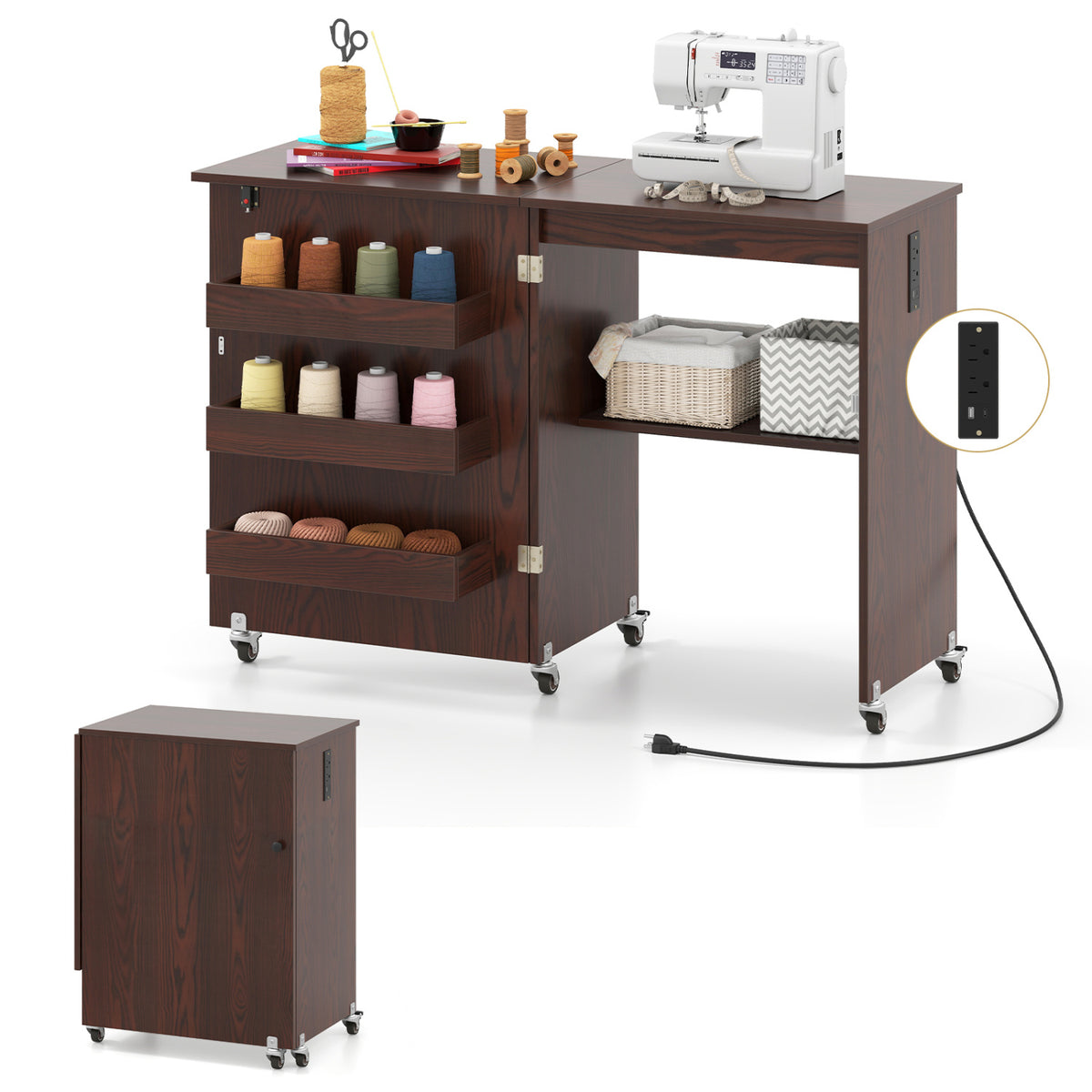 Sewing Machine Table with Charging Station and Lockable Casters