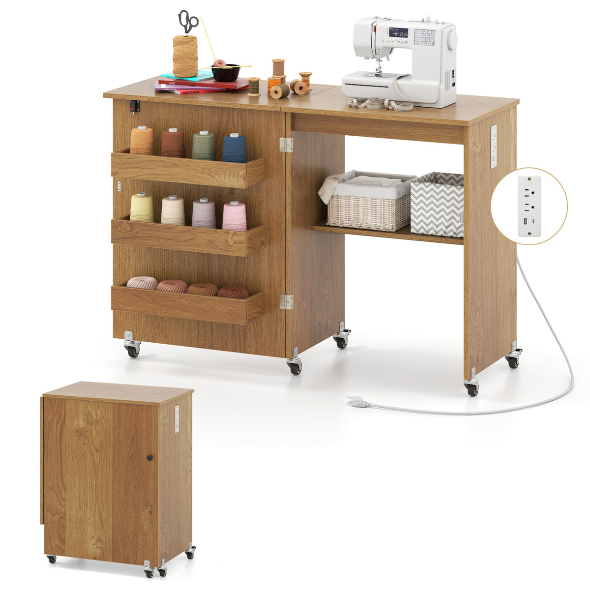 Sewing Machine Table with Charging Station and Lockable Casters