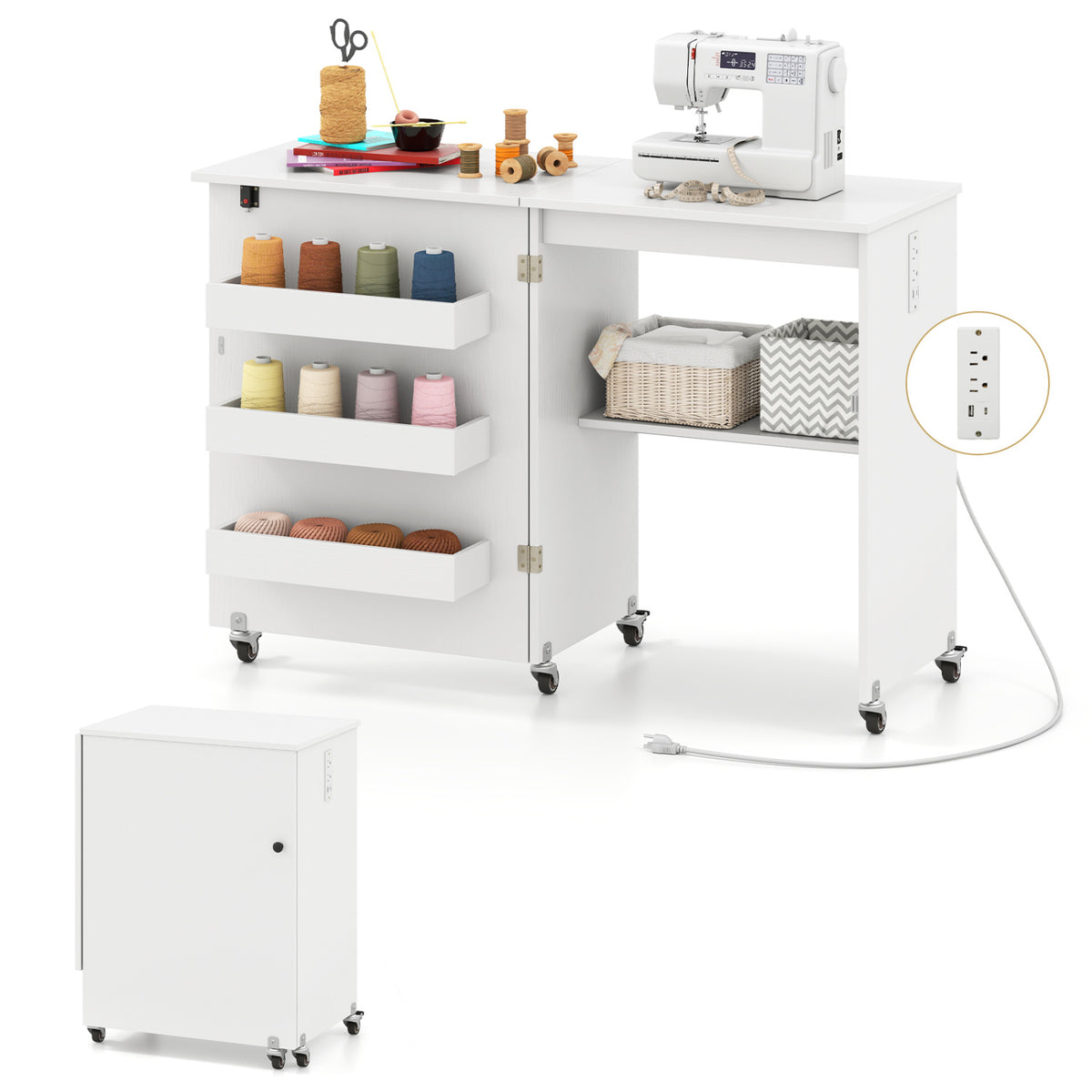 Sewing Machine Table with Charging Station and Lockable Casters