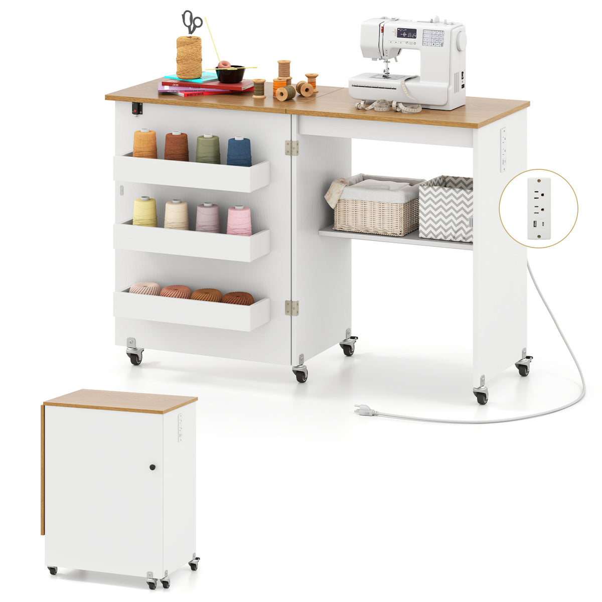 Sewing Machine Table with Charging Station and Lockable Casters