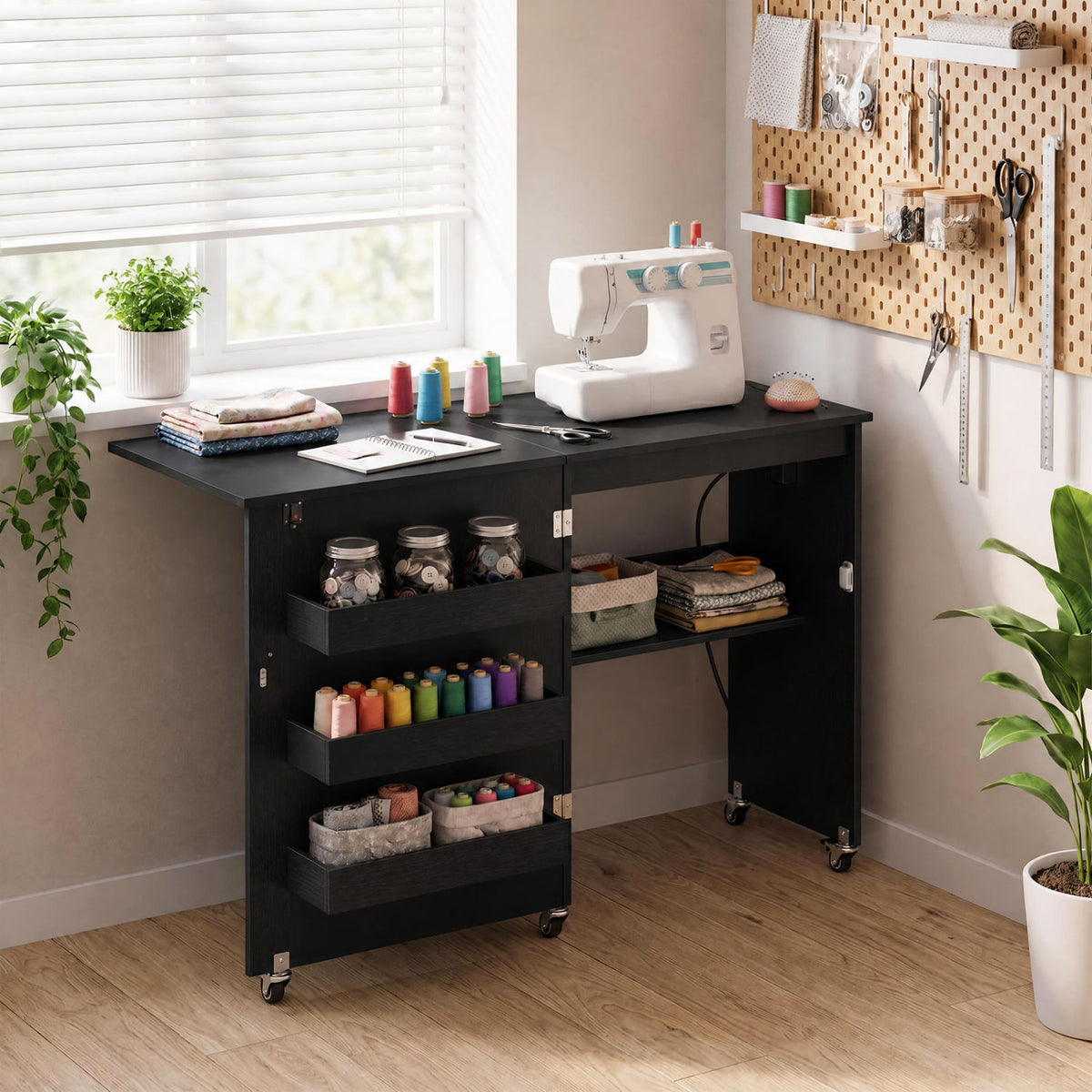 Sewing Machine Table with Charging Station and Lockable Casters
