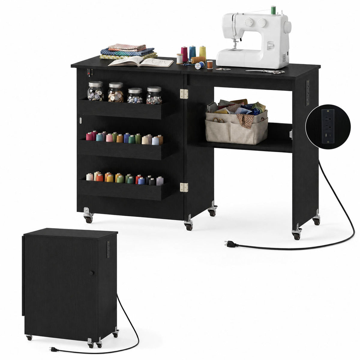 Sewing Machine Table with Charging Station and Lockable Casters