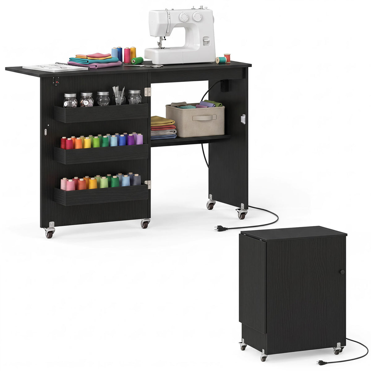 Sewing Machine Table with Charging Station and Lockable Casters