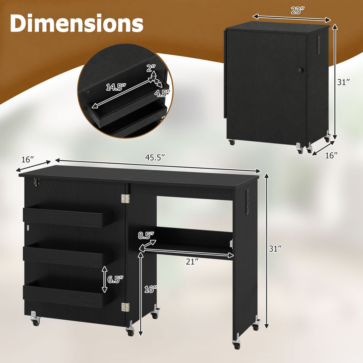 Sewing Machine Table with Charging Station and Lockable Casters