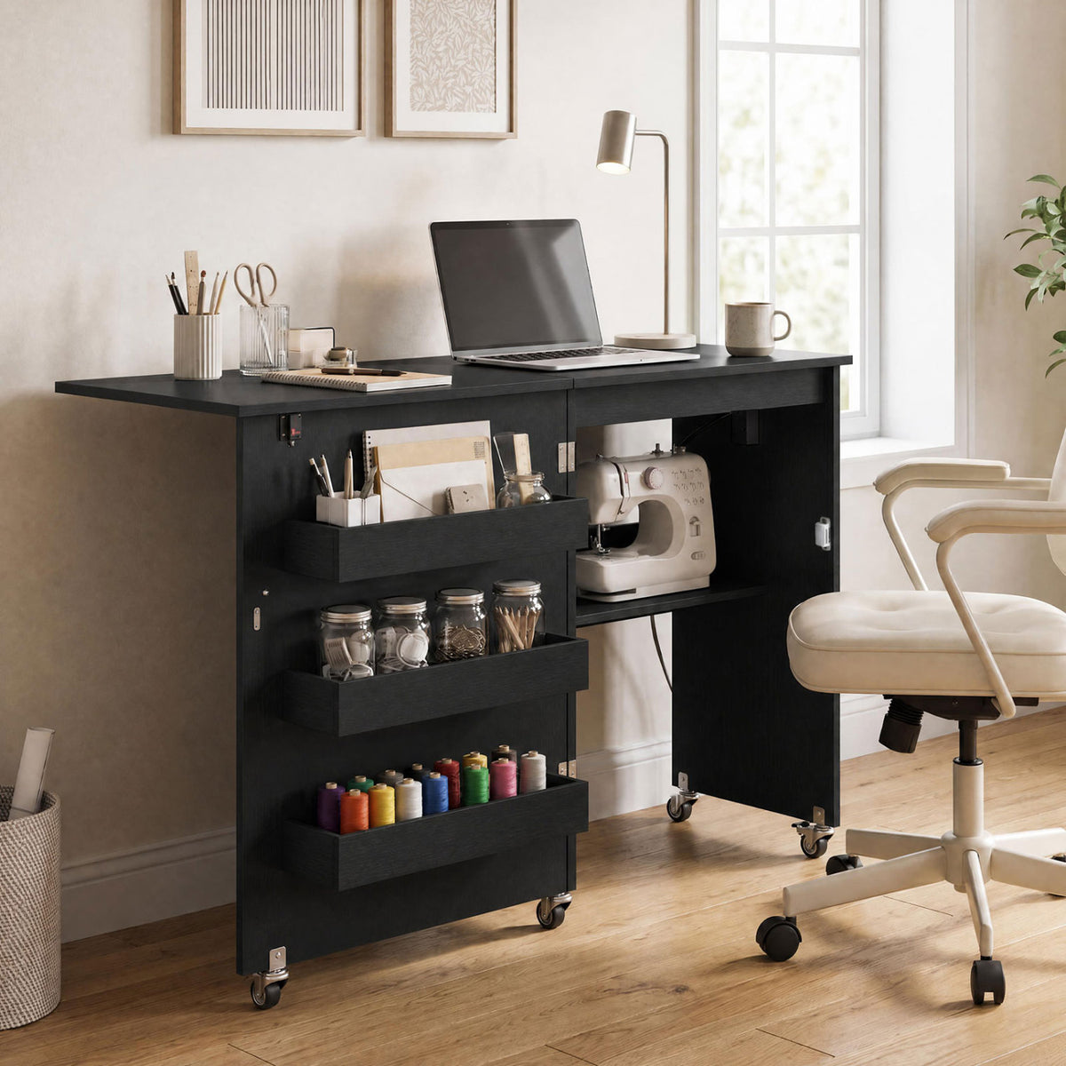 Sewing Machine Table with Charging Station and Lockable Casters