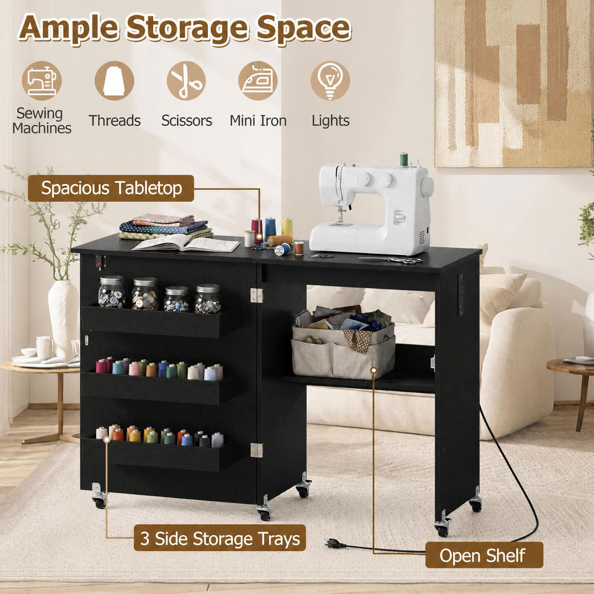 Sewing Machine Table with Charging Station and Lockable Casters