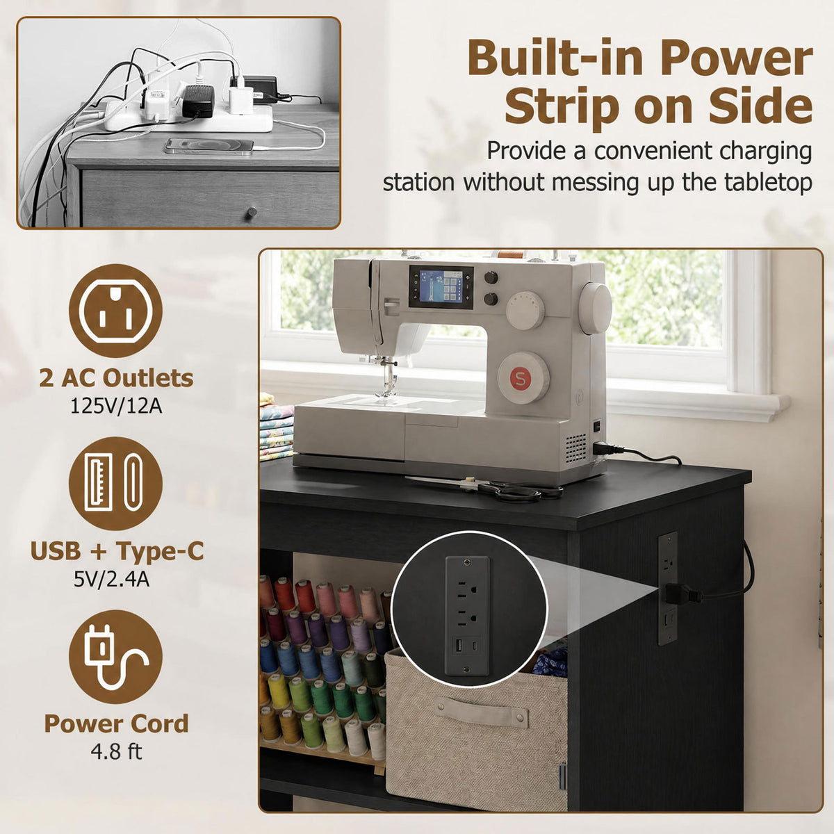 Sewing Machine Table with Charging Station and Lockable Casters