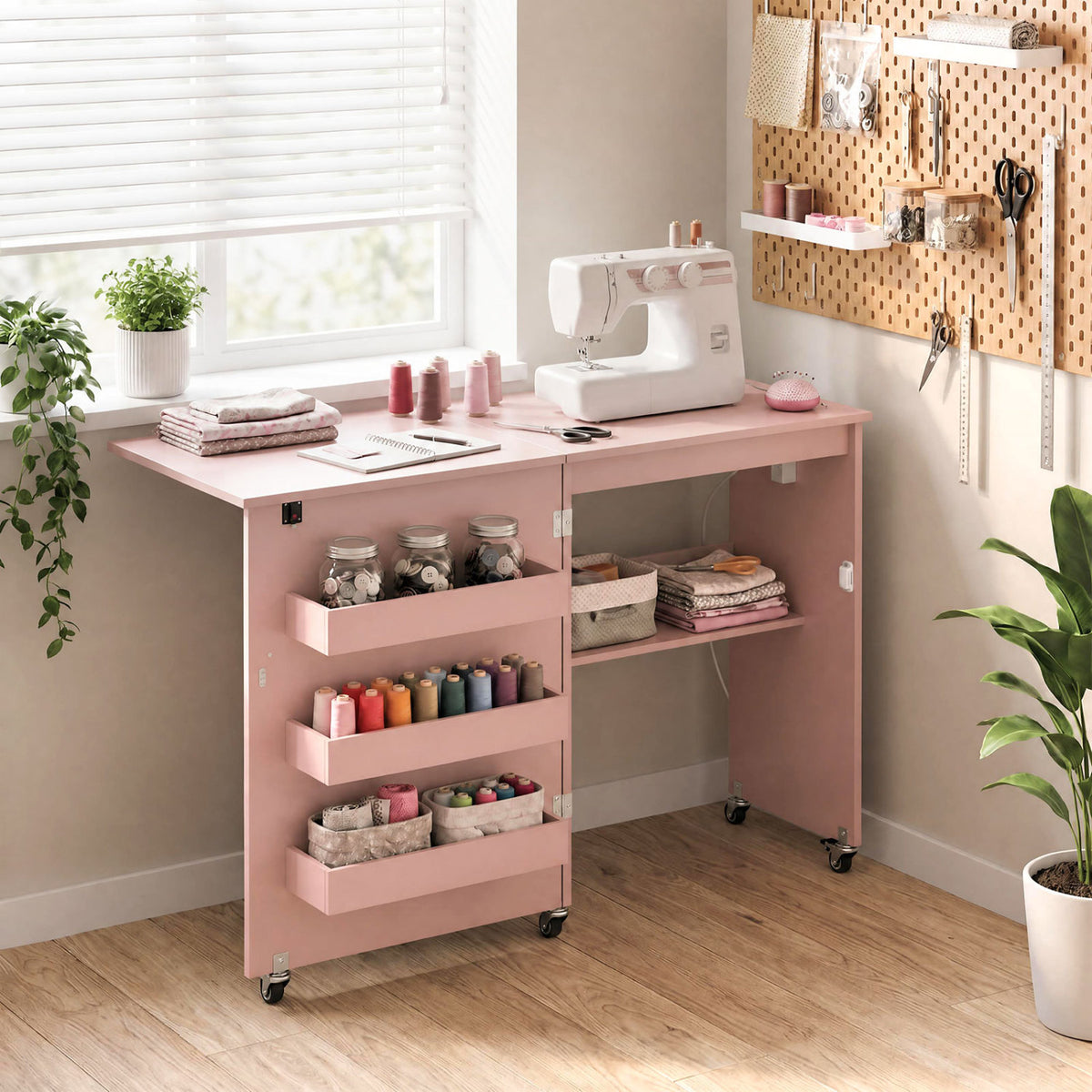 Sewing Machine Table with Charging Station and Lockable Casters