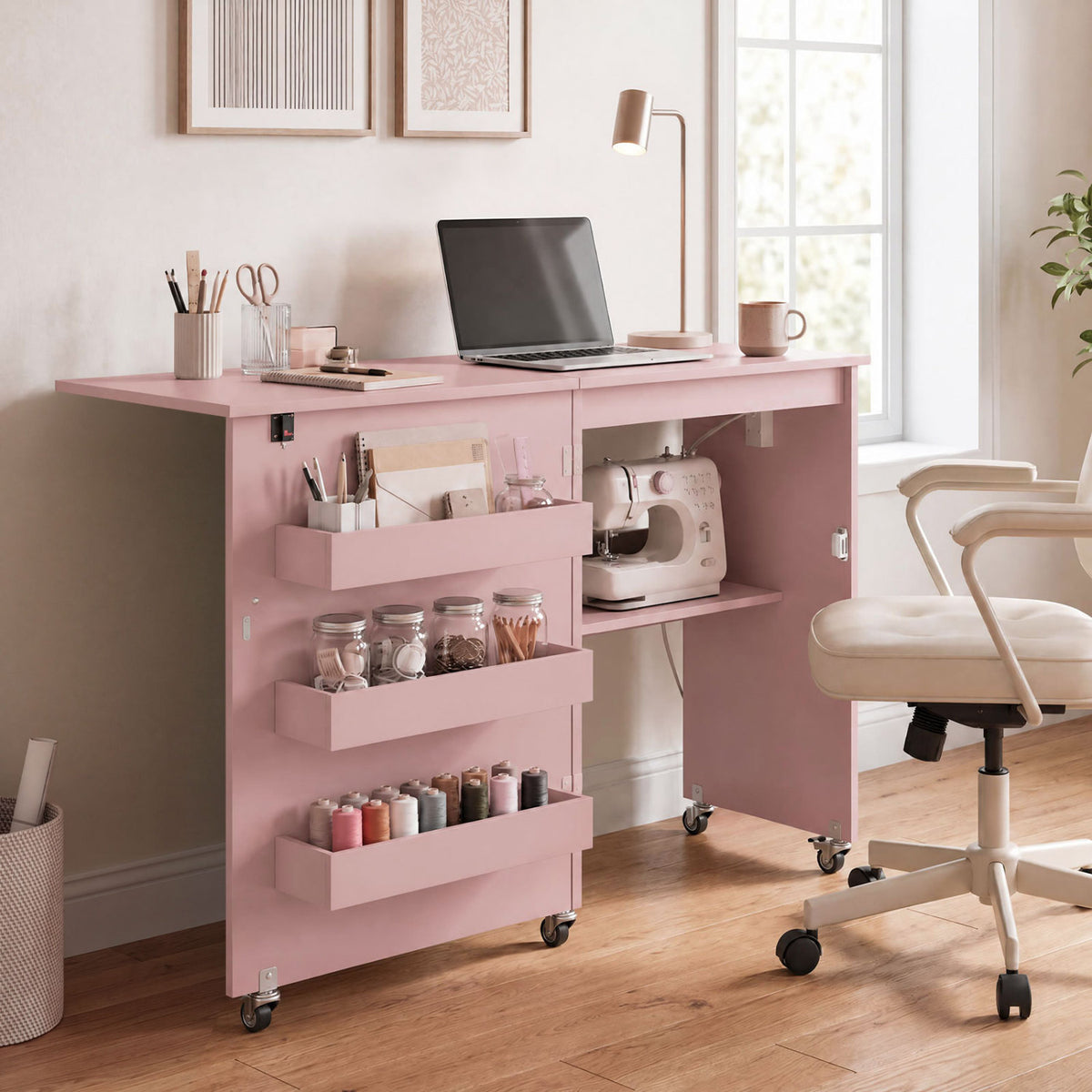 Sewing Machine Table with Charging Station and Lockable Casters