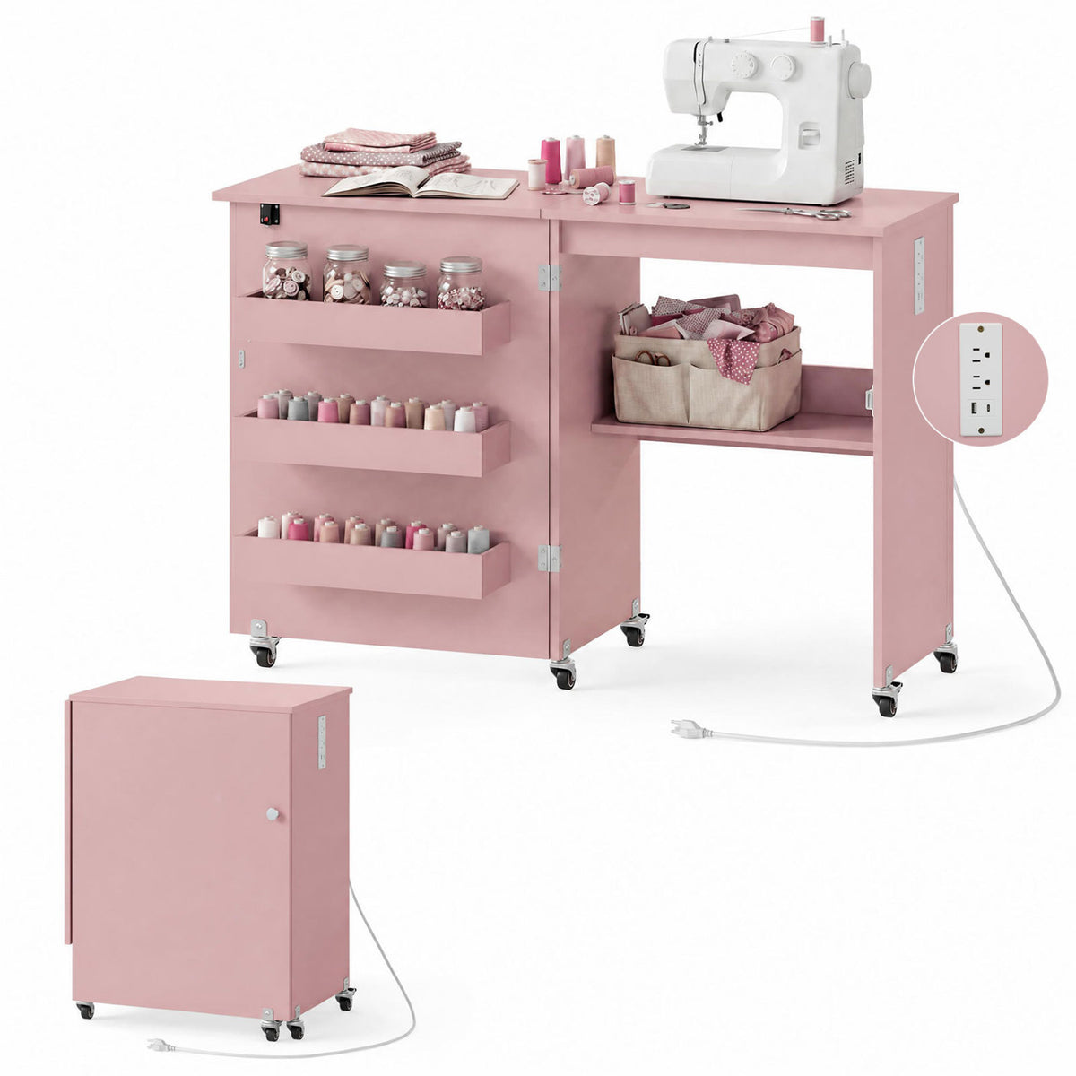 Sewing Machine Table with Charging Station and Lockable Casters