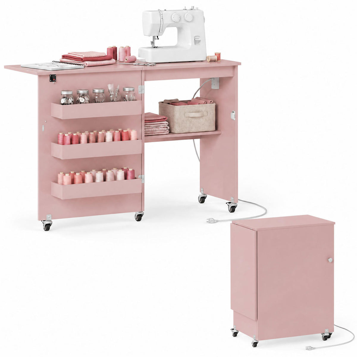 Sewing Machine Table with Charging Station and Lockable Casters