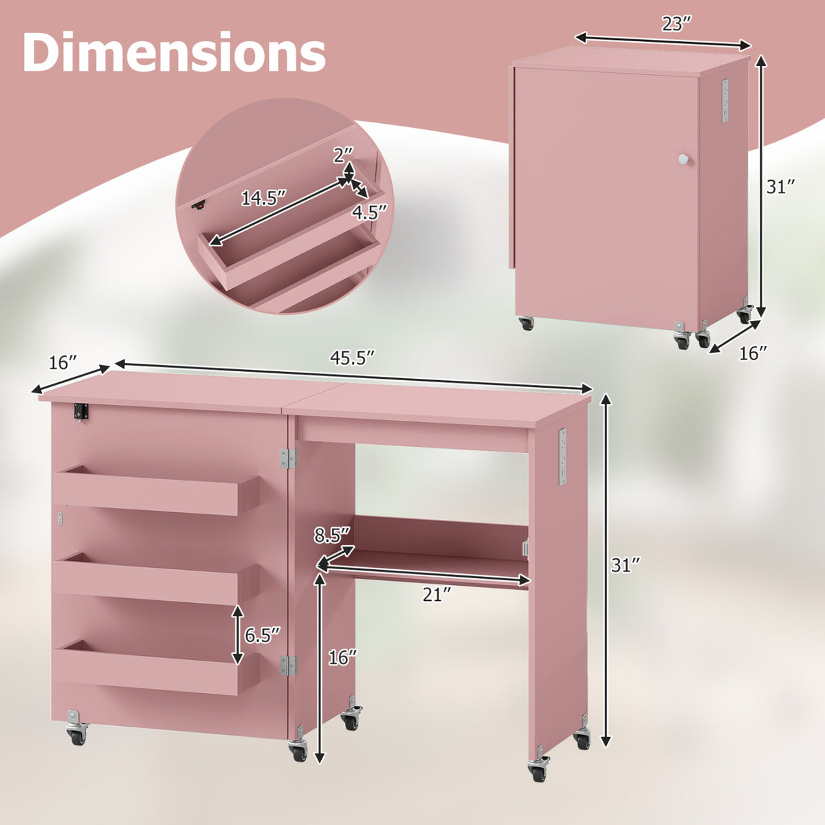 Sewing Machine Table with Charging Station and Lockable Casters