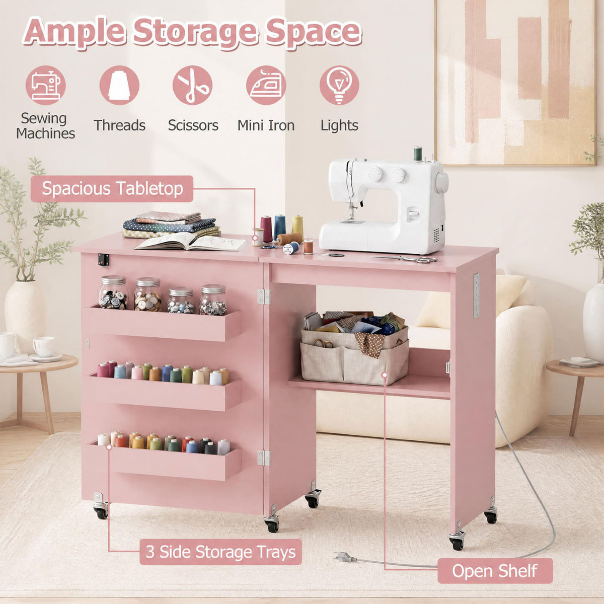 Sewing Machine Table with Charging Station and Lockable Casters