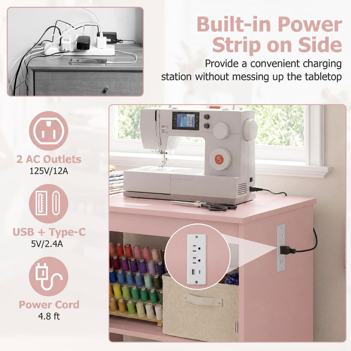Sewing Machine Table with Charging Station and Lockable Casters