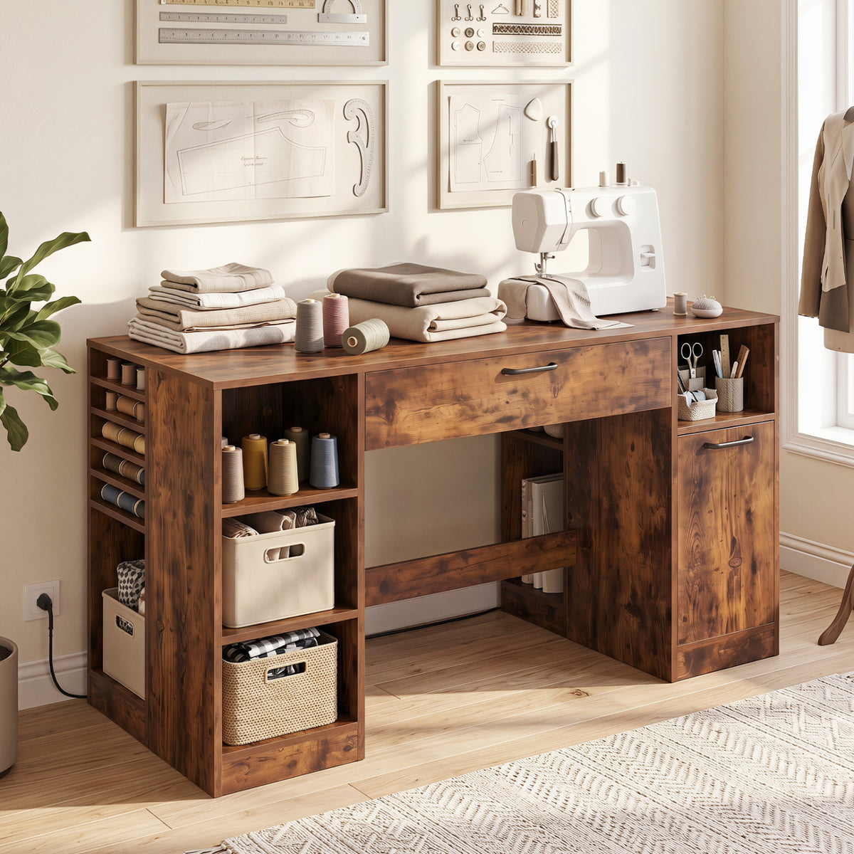 Sewing Table with Power Outlets Craft Station Desk with 2 Drawers Open Compartments