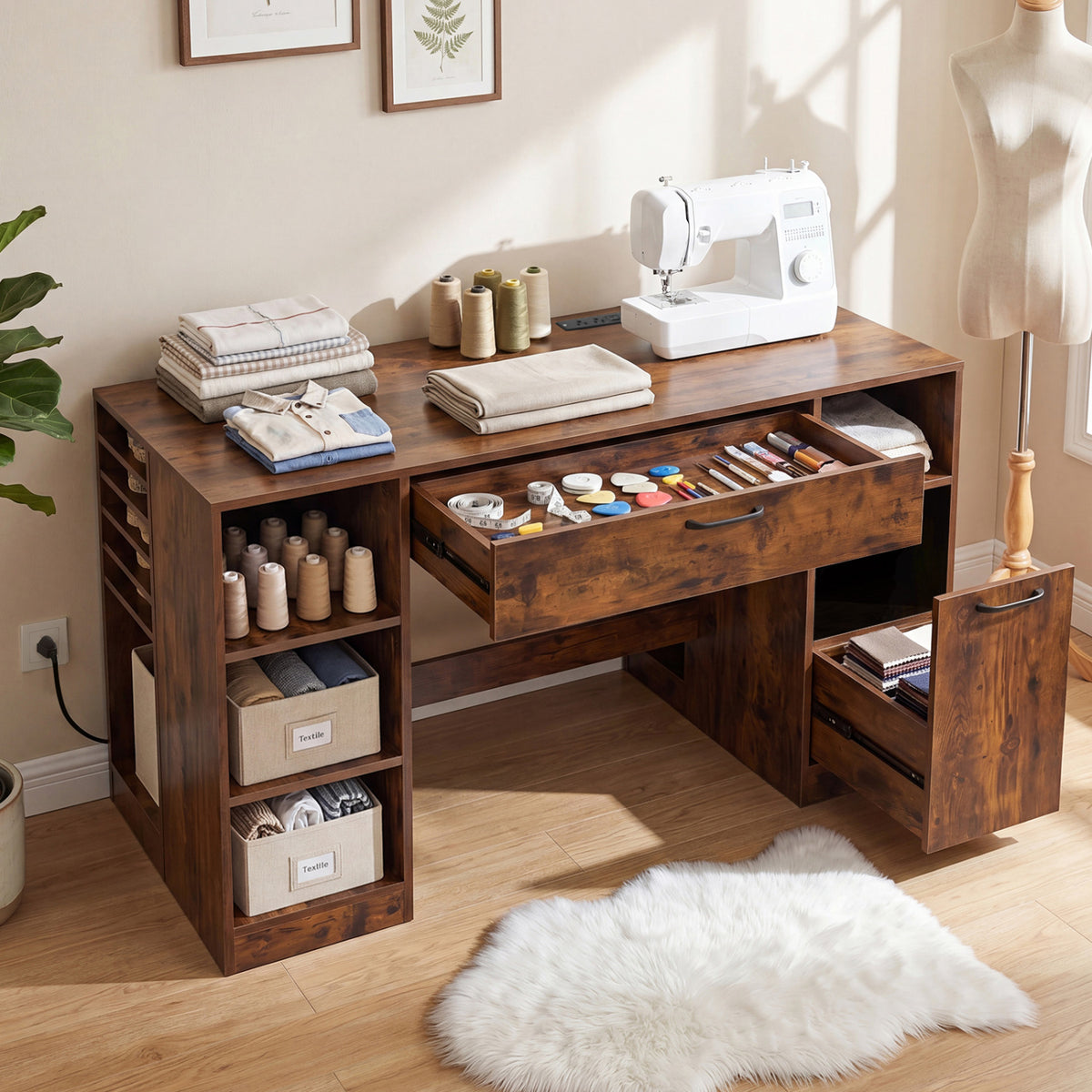 Sewing Table with Power Outlets Craft Station Desk with 2 Drawers Open Compartments