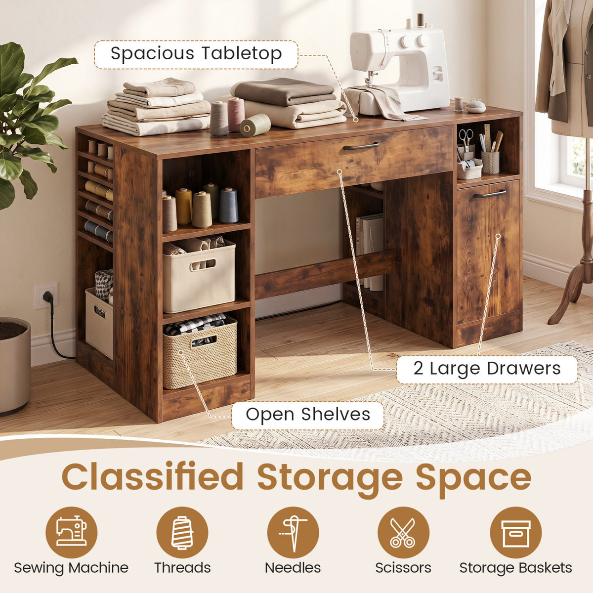 Sewing Table with Power Outlets Craft Station Desk with 2 Drawers Open Compartments