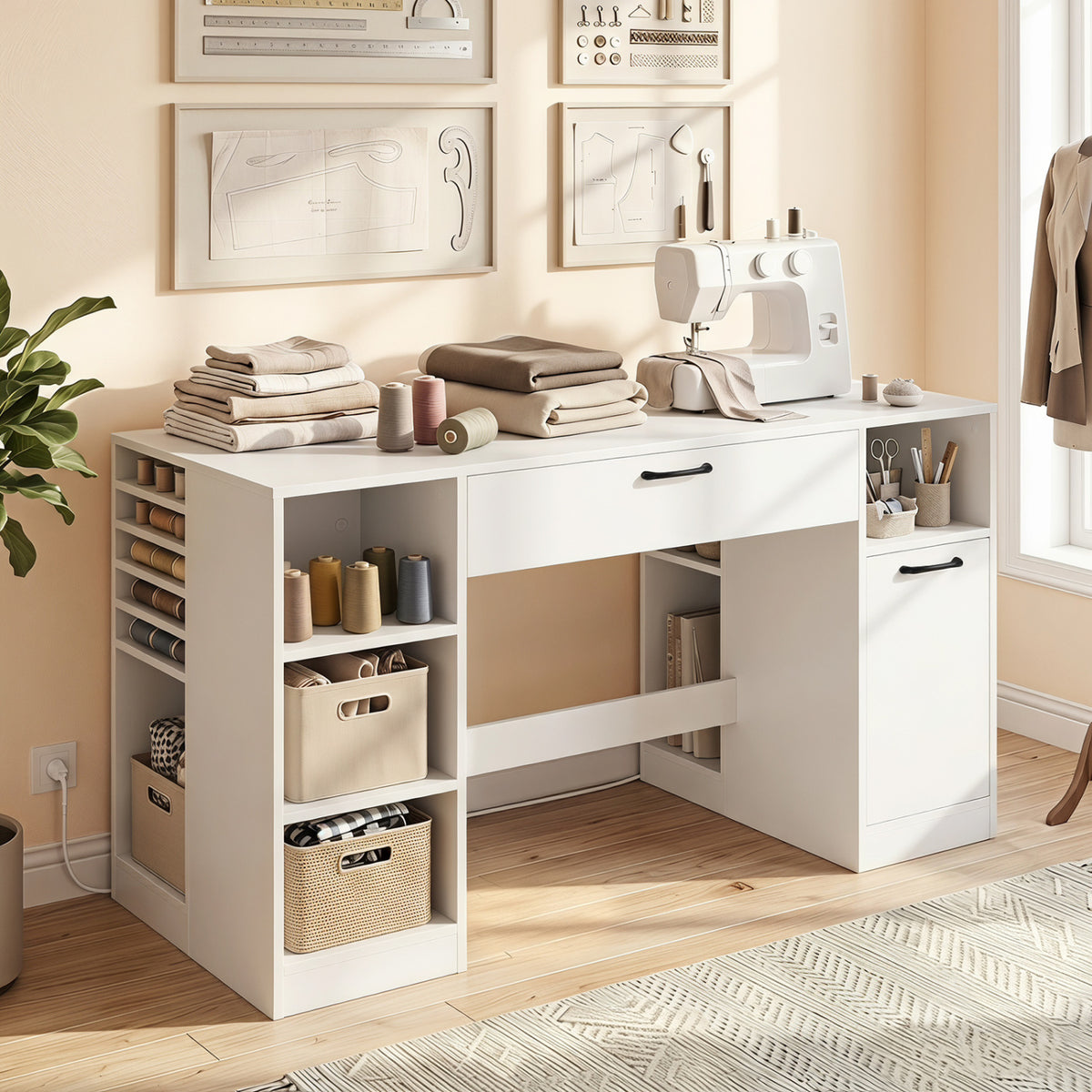 Sewing Table with Power Outlets Craft Station Desk with 2 Drawers Open Compartments