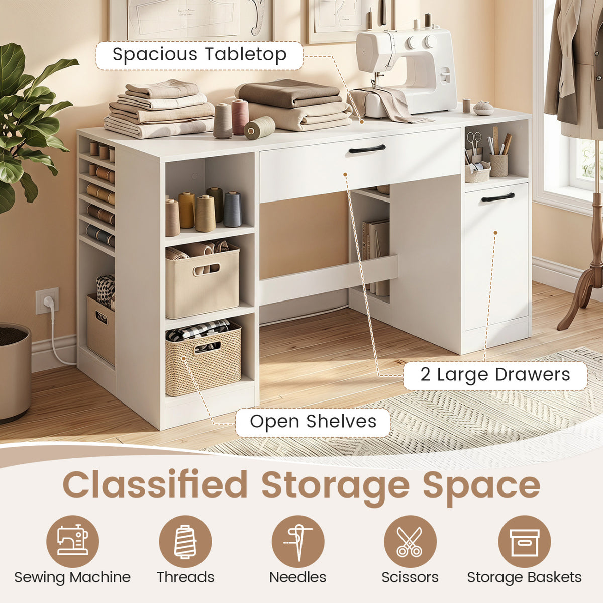 Sewing Table with Power Outlets Craft Station Desk with 2 Drawers Open Compartments