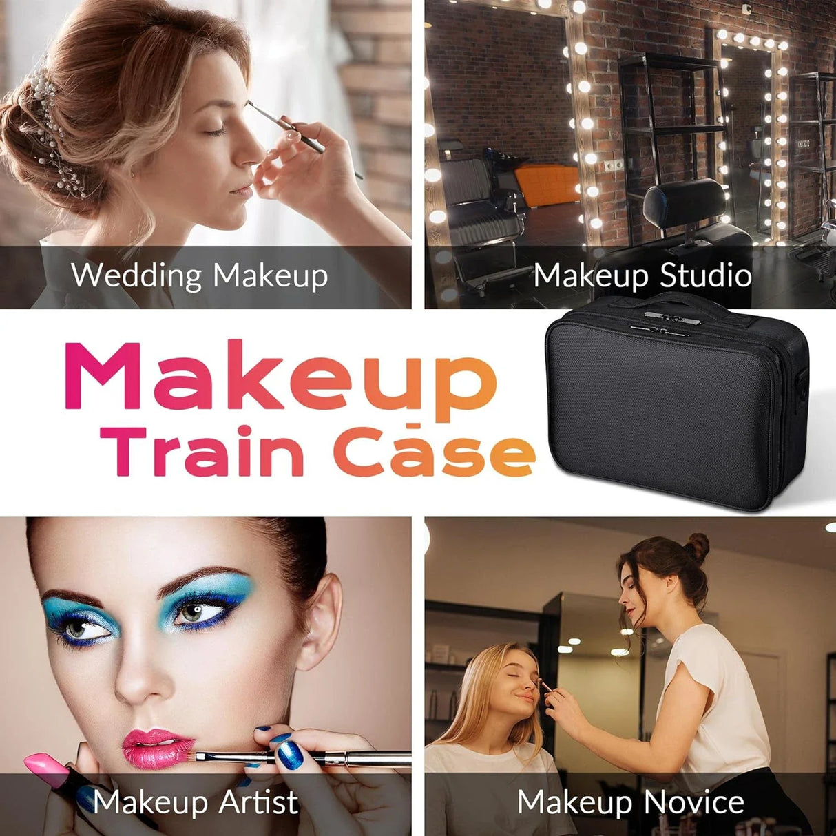 Large capacity travel makeup case, portable artist organizer with adjustable dividers and shoulder strap for toiletries jewelry