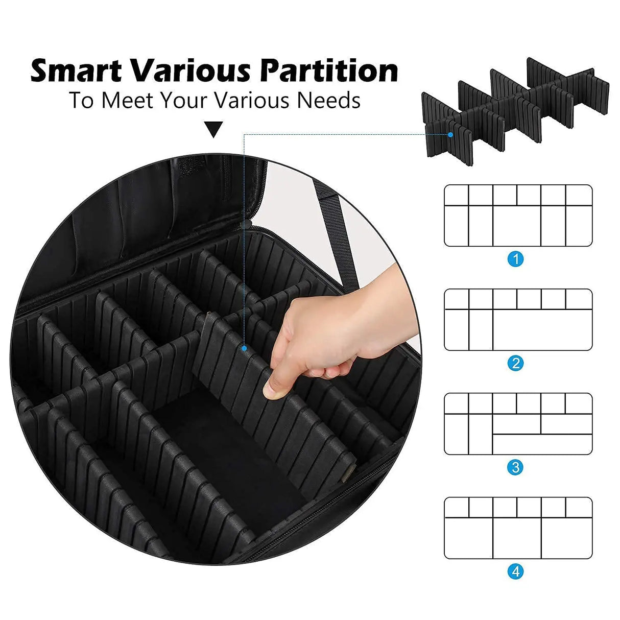 Large capacity travel makeup case, portable artist organizer with adjustable dividers and shoulder strap for toiletries jewelry