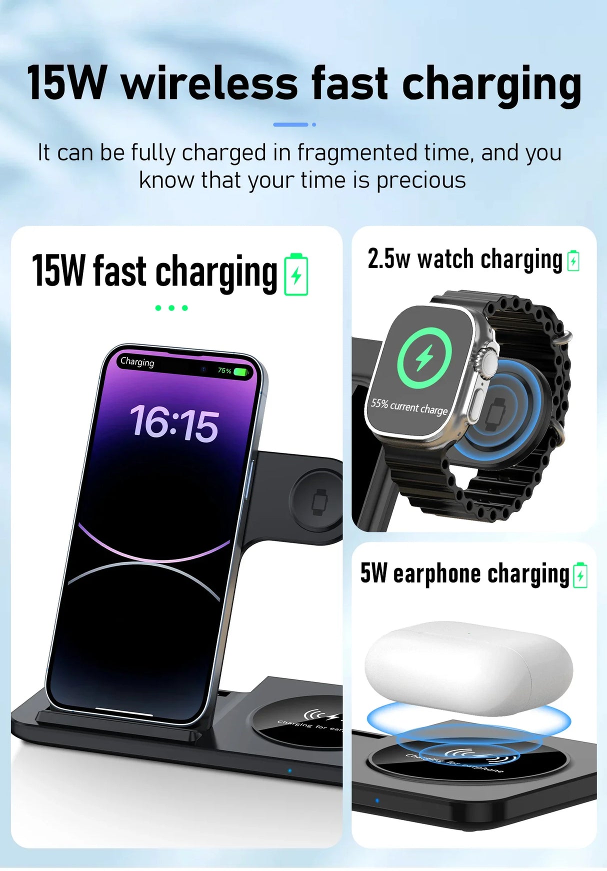 3 in 1 Wireless Charger Stand Pad For iPhone 15 14 13 12 X Max Foldable Fast Charging Station Dock For IWatch 8 7 SE AirPods Pro