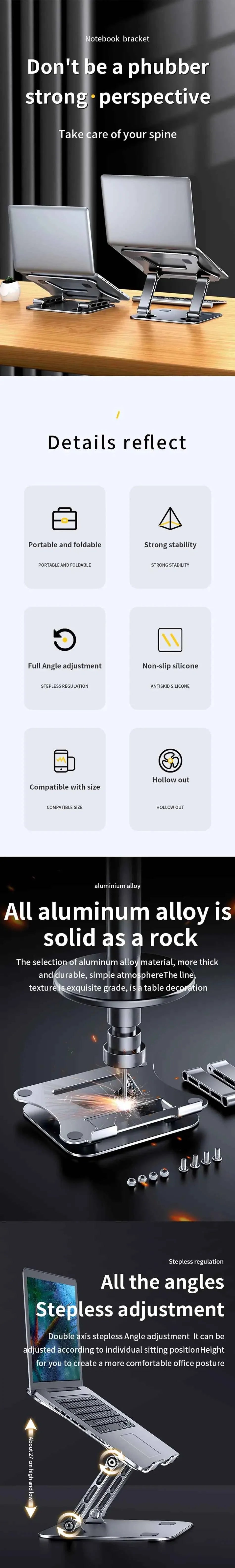 Laptop Stand Adjustable Aluminum Alloy Notebook Tablet Stand Up to 17 Inch Laptop Portable Fold Holder Cooling Bracket Support