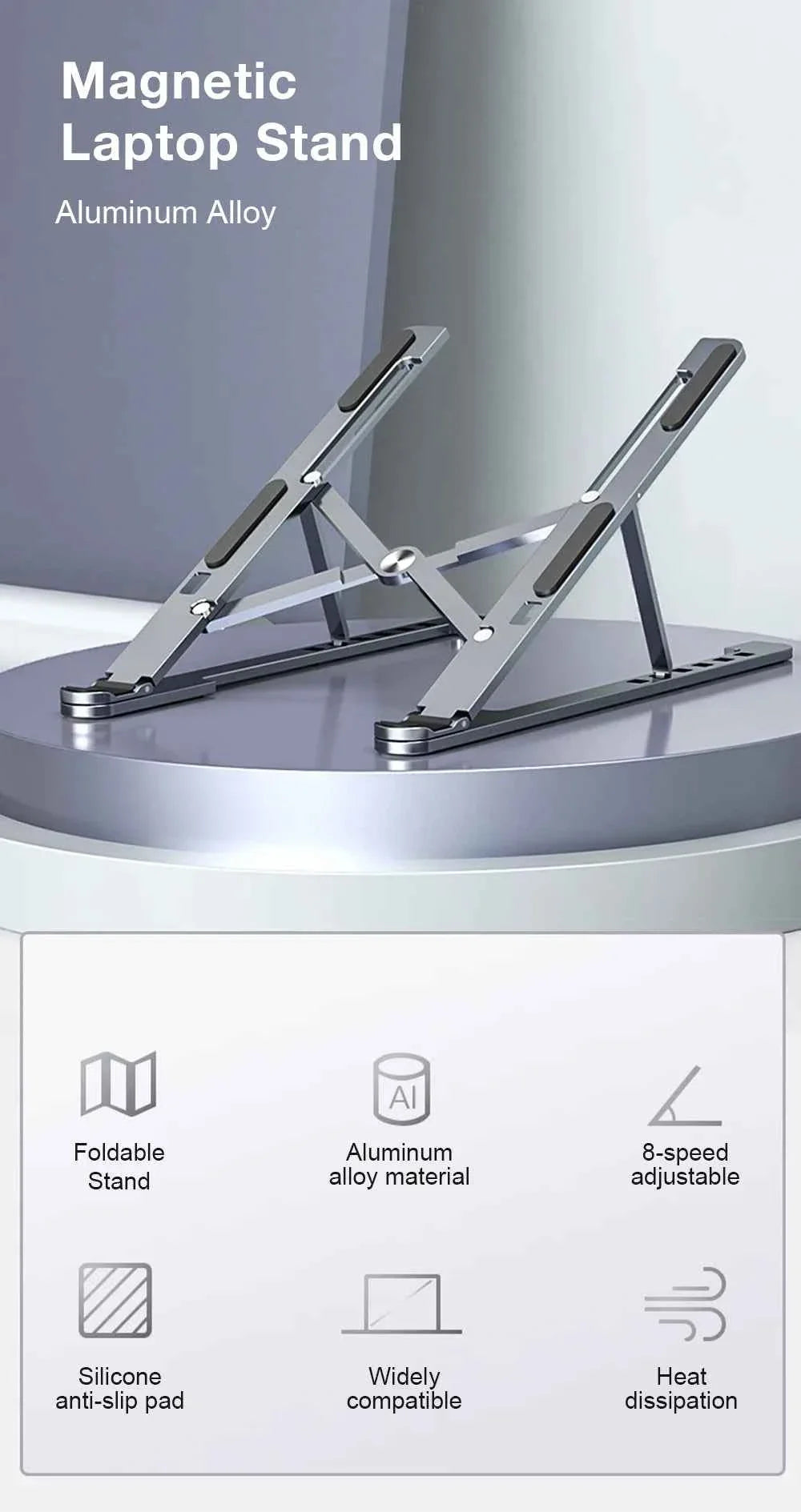 Aluminum Alloy Magnetic Laptop Stand With 8-Level Adjustment, Ventilation and Heat Dissipation, Equipped With Silicone Anti-Slip