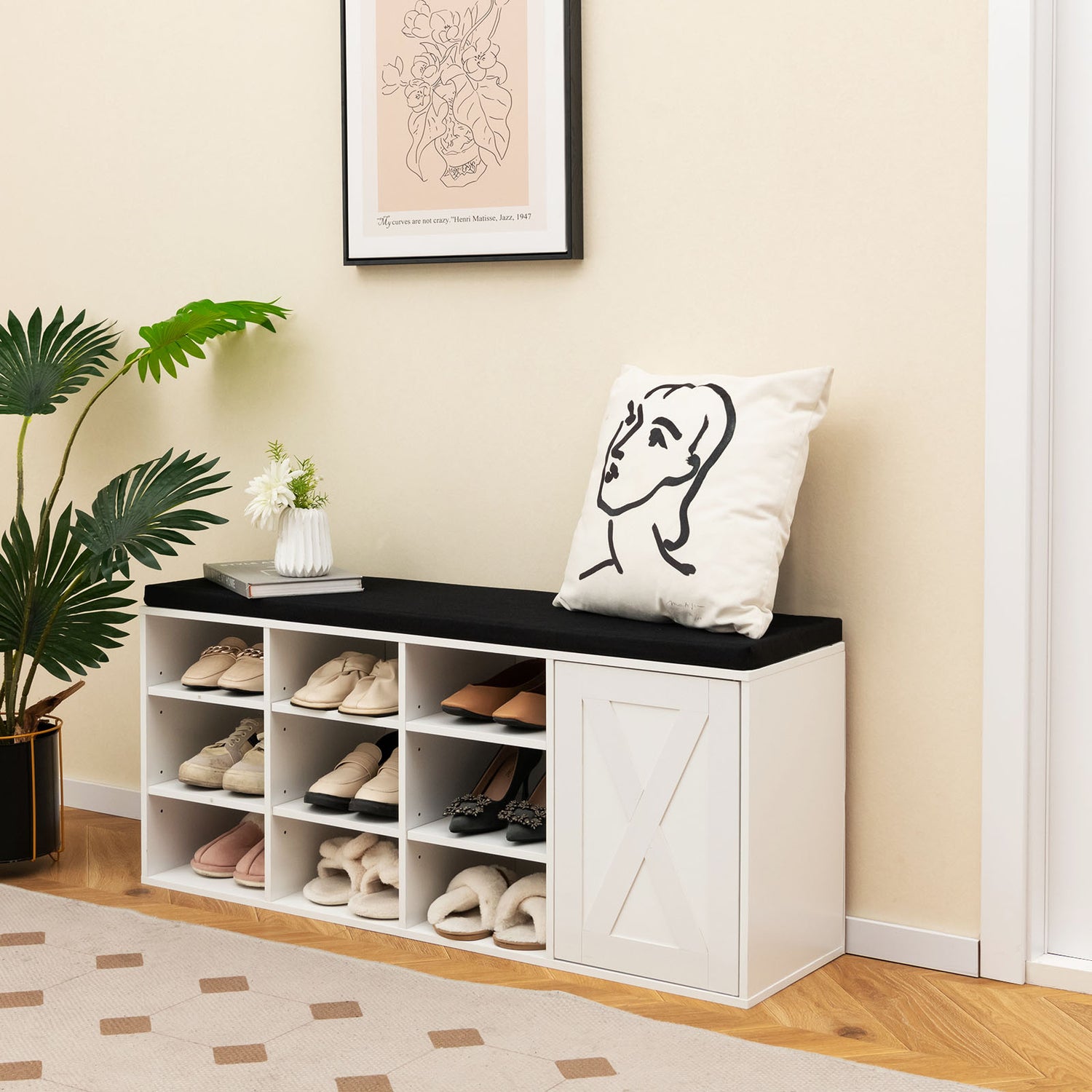 9-cube Adjustable Storage Shoe Bench with Padded Cushion