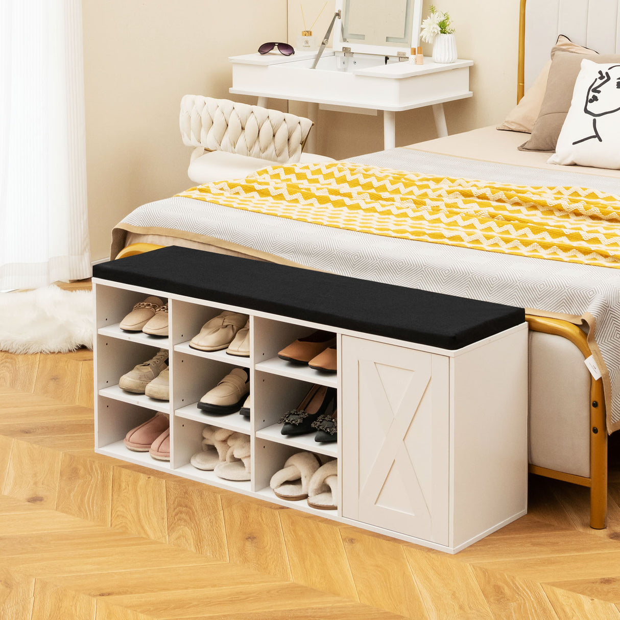 9-cube Adjustable Storage Shoe Bench with Padded Cushion