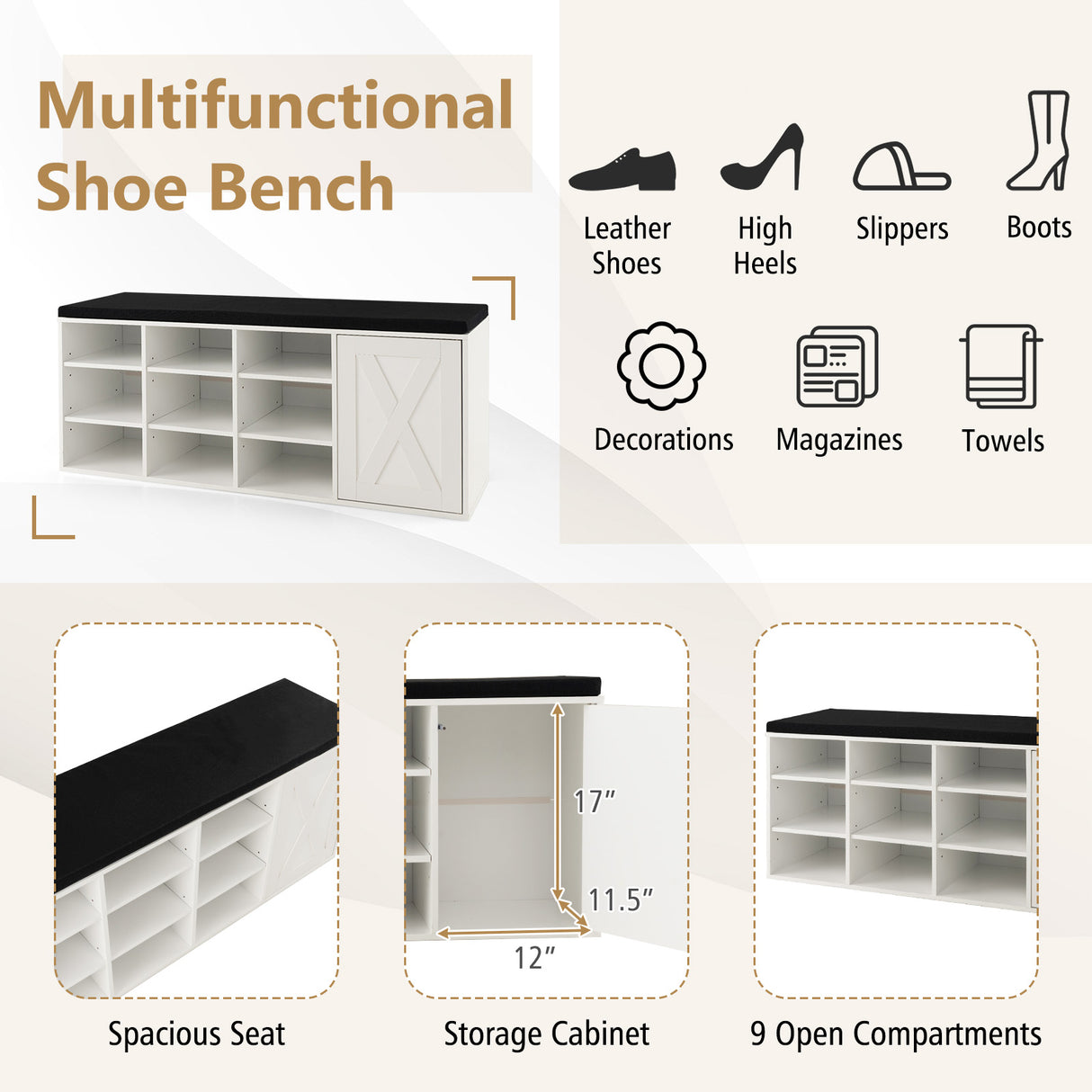 9-cube Adjustable Storage Shoe Bench with Padded Cushion