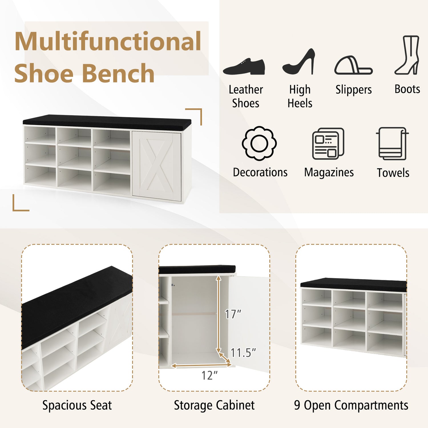9-cube Adjustable Storage Shoe Bench with Padded Cushion