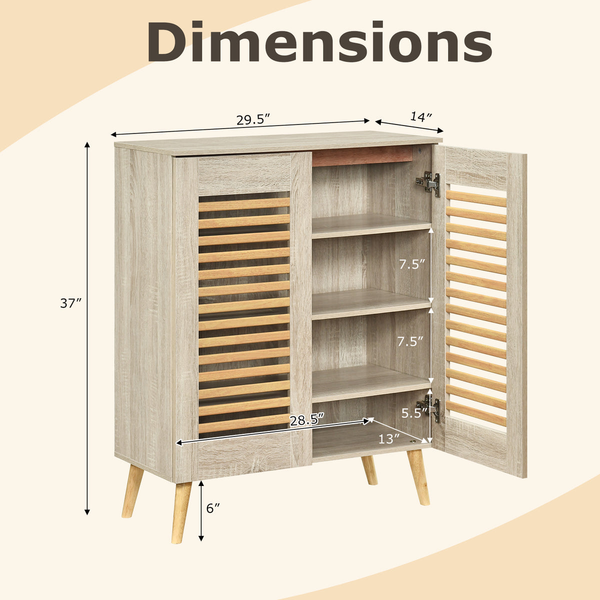 Shoe Cabinet with Louvered Doors and Removable Shelves